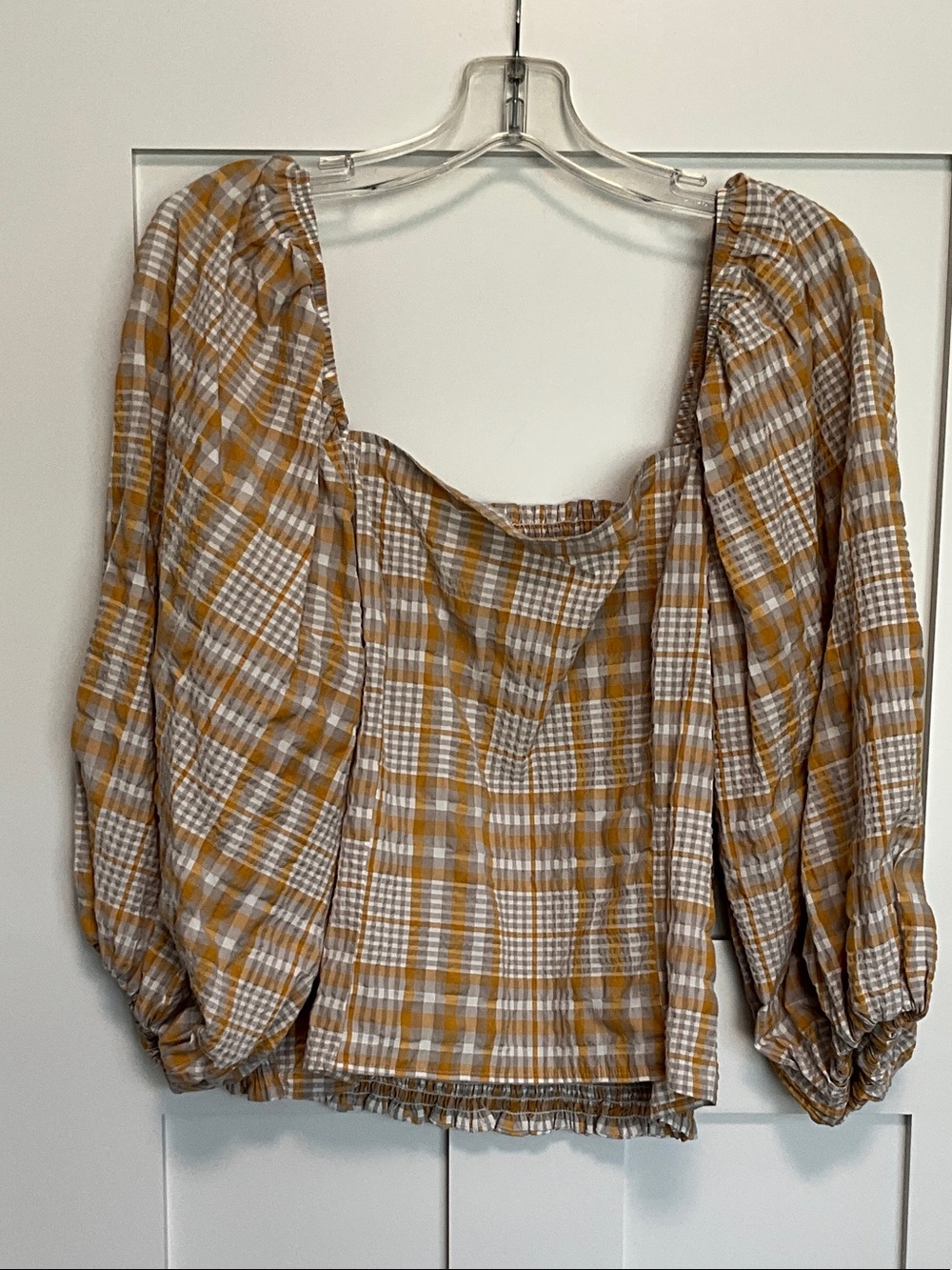 Plaid Puff-Sleeve Square Neck Top in Mustard